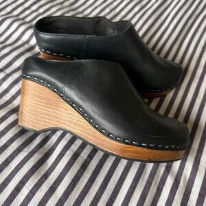 Kelsi Dagger 6 Black Leather Clog Mule Wedge Shoes